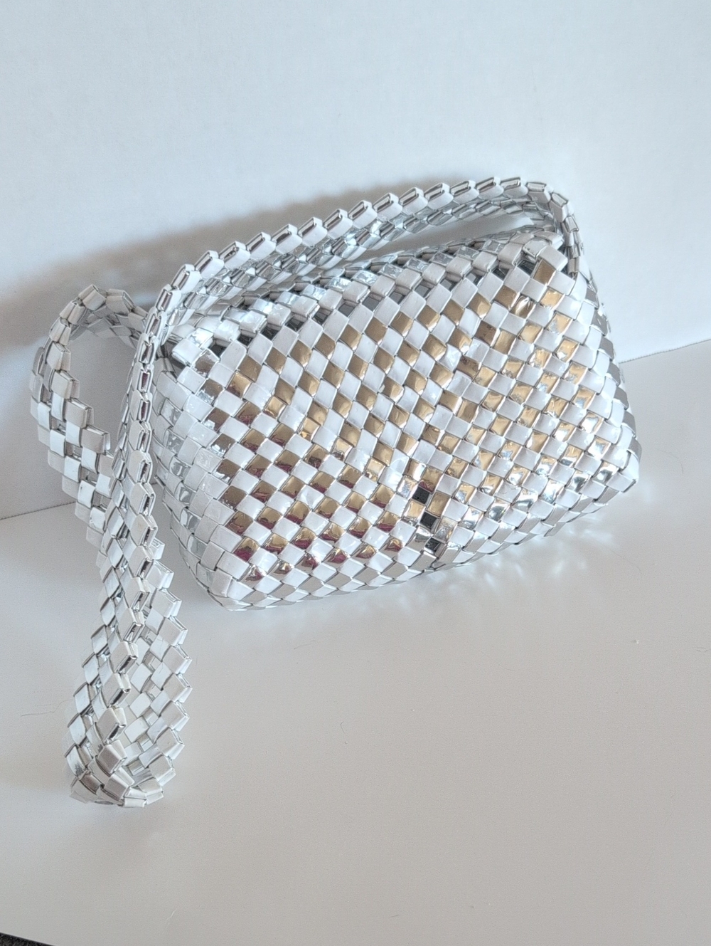 Silver & White Candy Wrapper Woven  Designer-Inspired Metallic Shoulder Bag - Picture 3 of 4